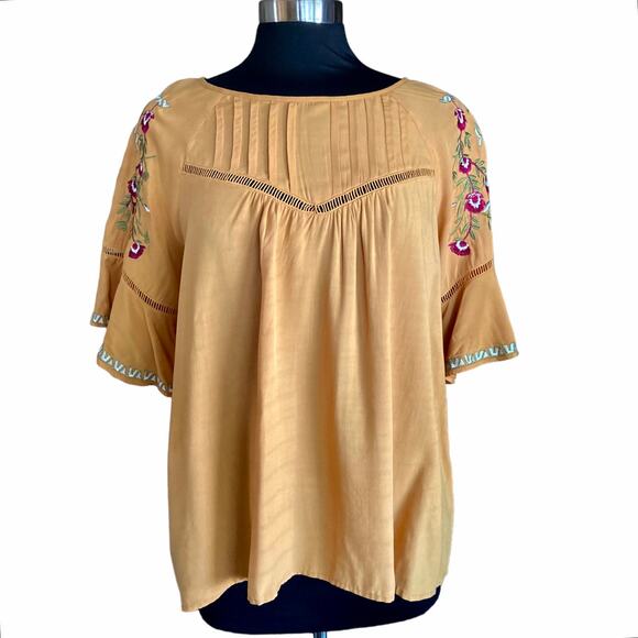 Entro Mustard Top Embroidered Sleeves Pleated Bell Sleeves Boho Western Medium - Picture 1 of 8